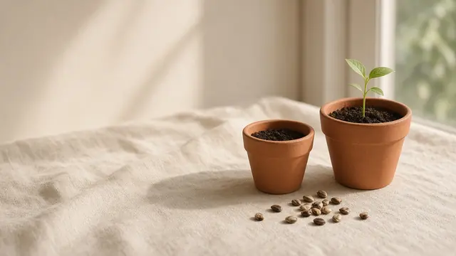 Two terracotta pots on a linen cloth by a sunny window, one with a young seedling, a few seeds scattered beside them