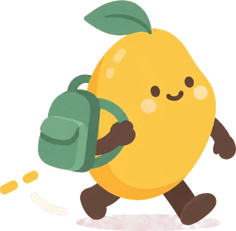 KidsBusy mascot, a mango kid with a backpack, rushing to class