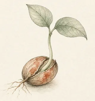 Watercolor of a seed splitting open with a two-leaf sprout