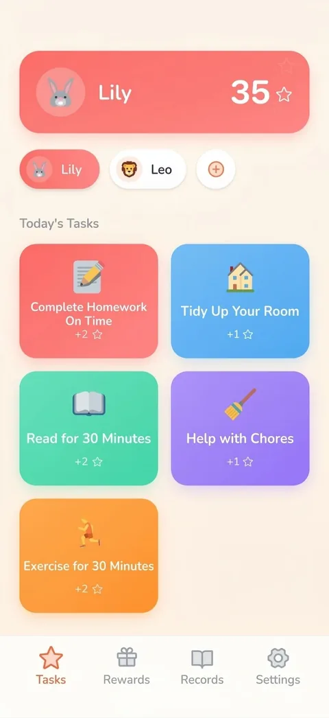 StarKids home screen with daily tasks and star count