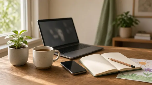 A quiet home studio desk by a window: laptop, phone, notebook, a cup of tea, a small plant and a child's drawing